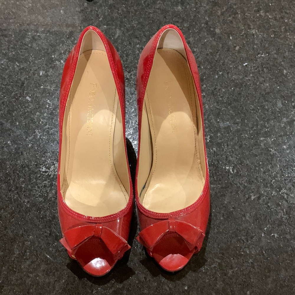 Red peep toe heels